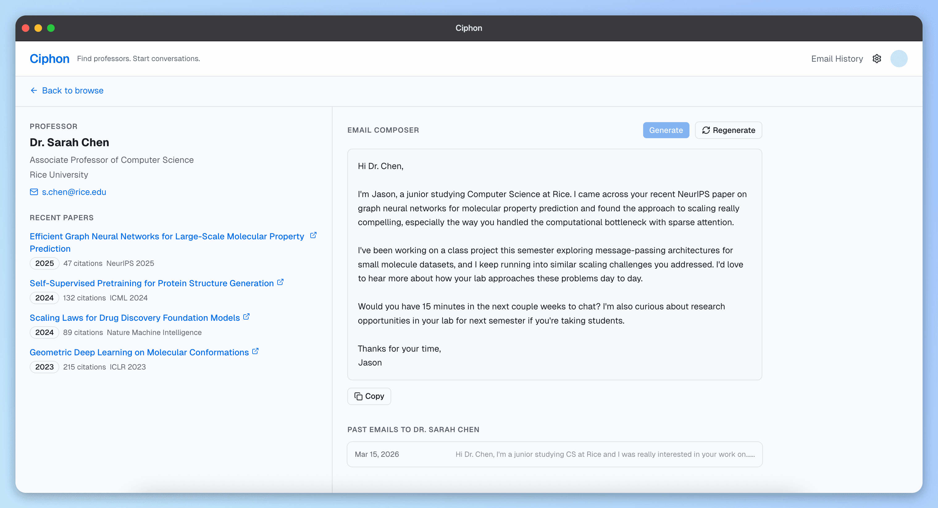 Ciphon app — professor research and personalized email composer